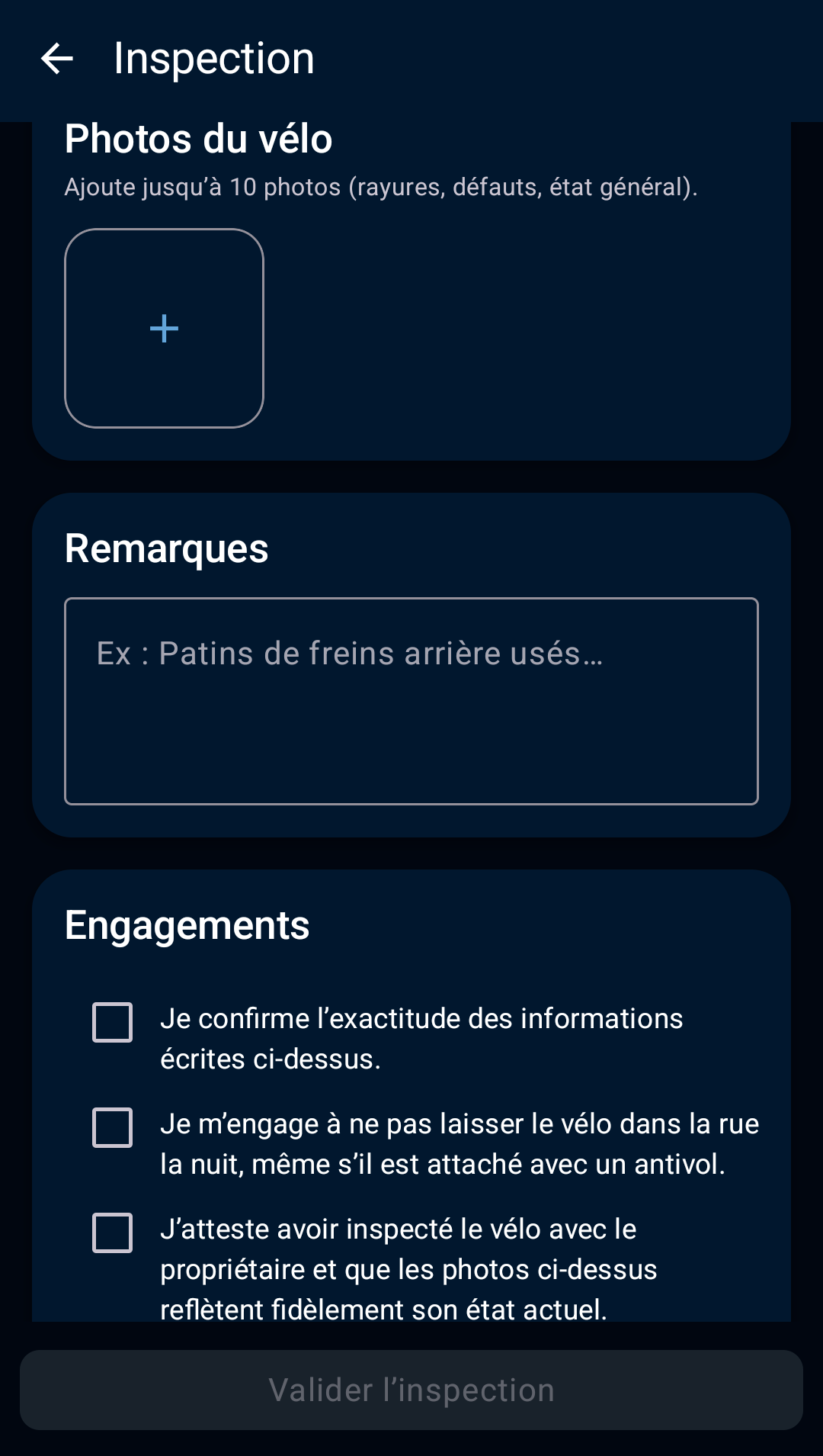 écran d’inspection du vélo